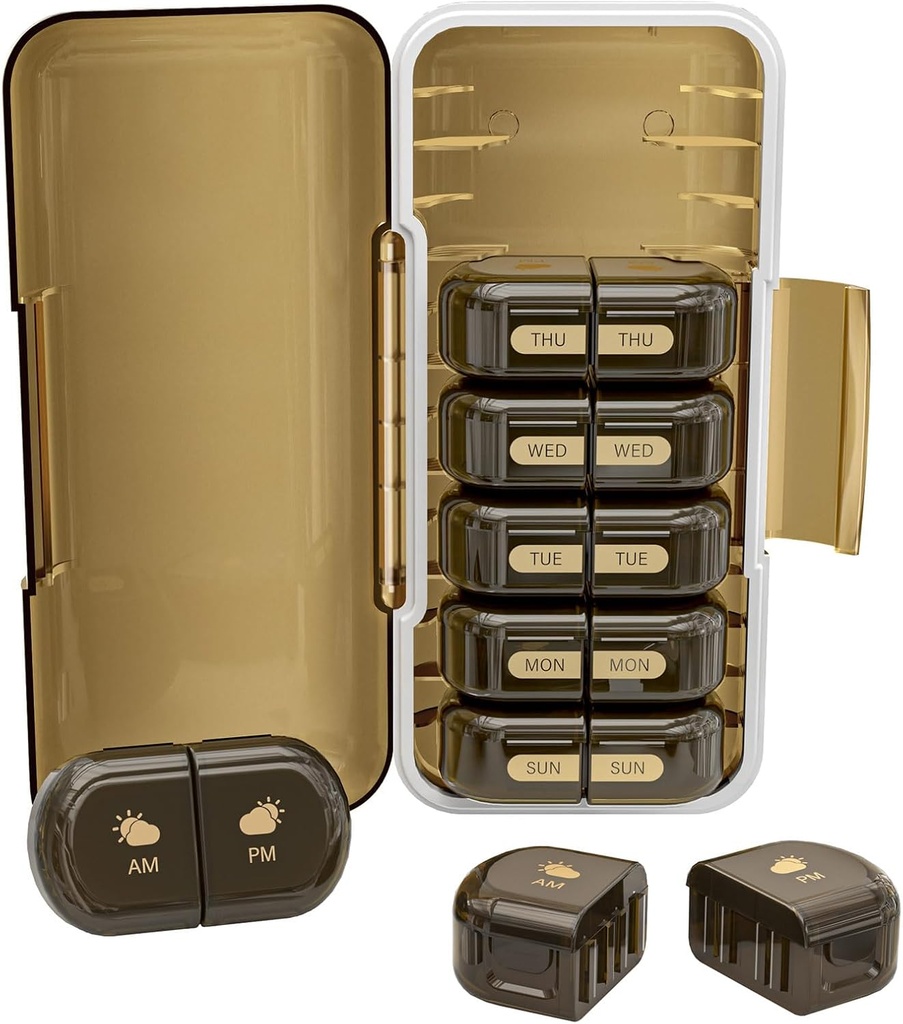Weekly Pill Organizer 2 Times a Day, Moisture-Proof, Detachable Compartments, AM PM Pill Box 2X 7 Day, Travel Pill Organizer for Pills/Fish Oil/Medication/Vitamin/Supplements (Brown)