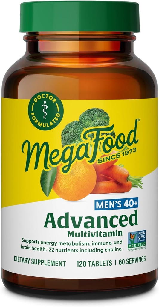 MegaFood Men's 40+ Advanced Multivitamin for Men - Dr-Formulated - Choline, Vitamin B, Vitamin C, Vitamin D, Zinc & Real Food - Brain Health, Immune Support - Vegetarian - 120 Tabs (60 Servings)