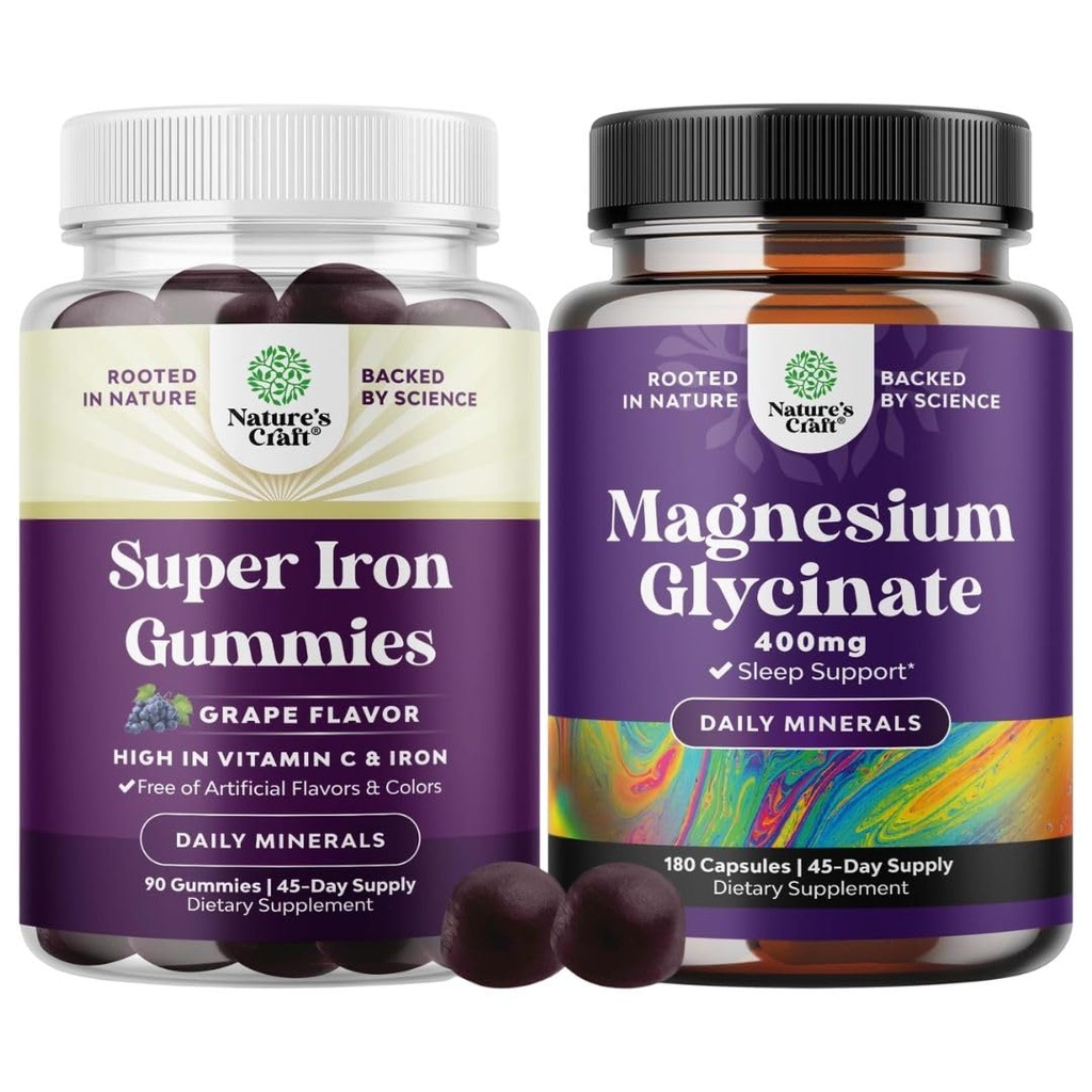 Bundle of Delicious Iron Gummies for Women and Men - Iron Supplement for Women and Men with Vitamin C and Pure Magnesium Glycinate 400mg Per Serving - for Mood Sleep and Relaxation