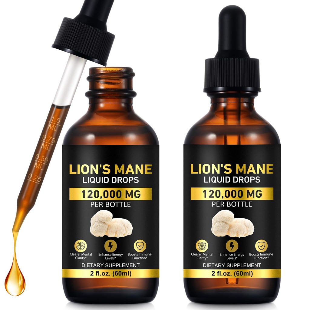 2-Pack Lions ManeMushroom Drops – Brain Supplement 120,000 MG, Memory Focus & Immunity Vitamins, Plant Extract 4 Oz