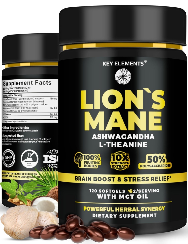 KEY ELEMENTS Organic Lions Mane Supplement Capsules with MCT Oil for Brain Support & Relaxed Focus - Lion's Mane Extract with Ashwagandha and L-Theanine - Lions Mane Mushroom Softgels