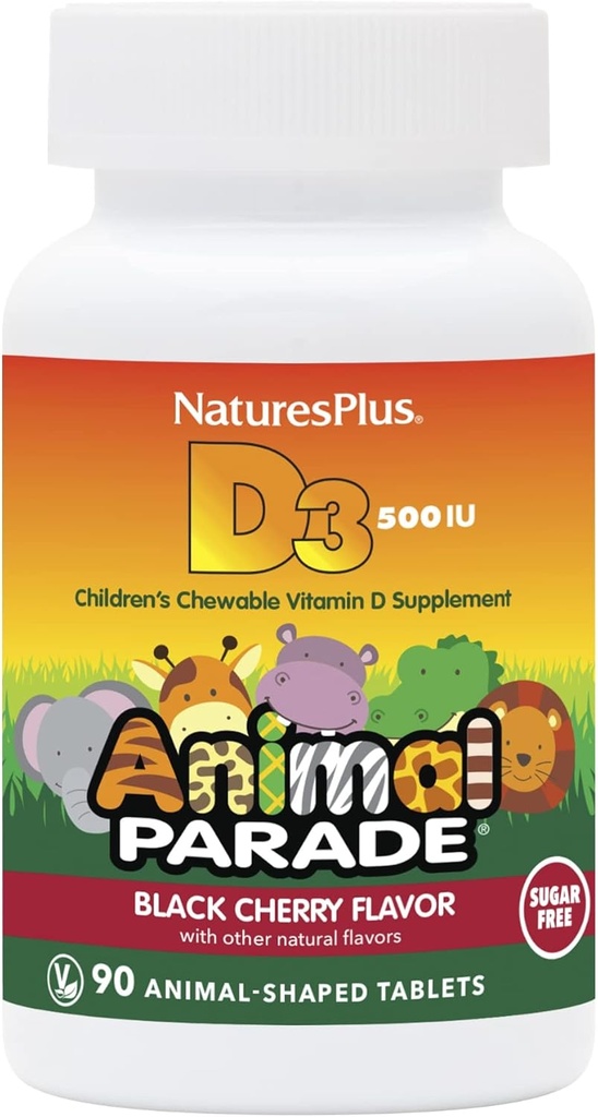 Natures Plus Parade animale Vitamine D3-500 UI pour les enfants - Saveur de cerise noire - 90 comprimés à croquer en forme d'animal - Bone Health & Immune System Support - 90 portions