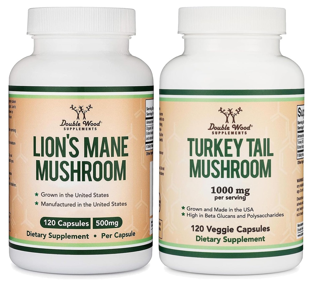 Double Wood Supplements Lion's Mane Mushroom (120 Count) and Turkey Tail Mushroom (120 Count)