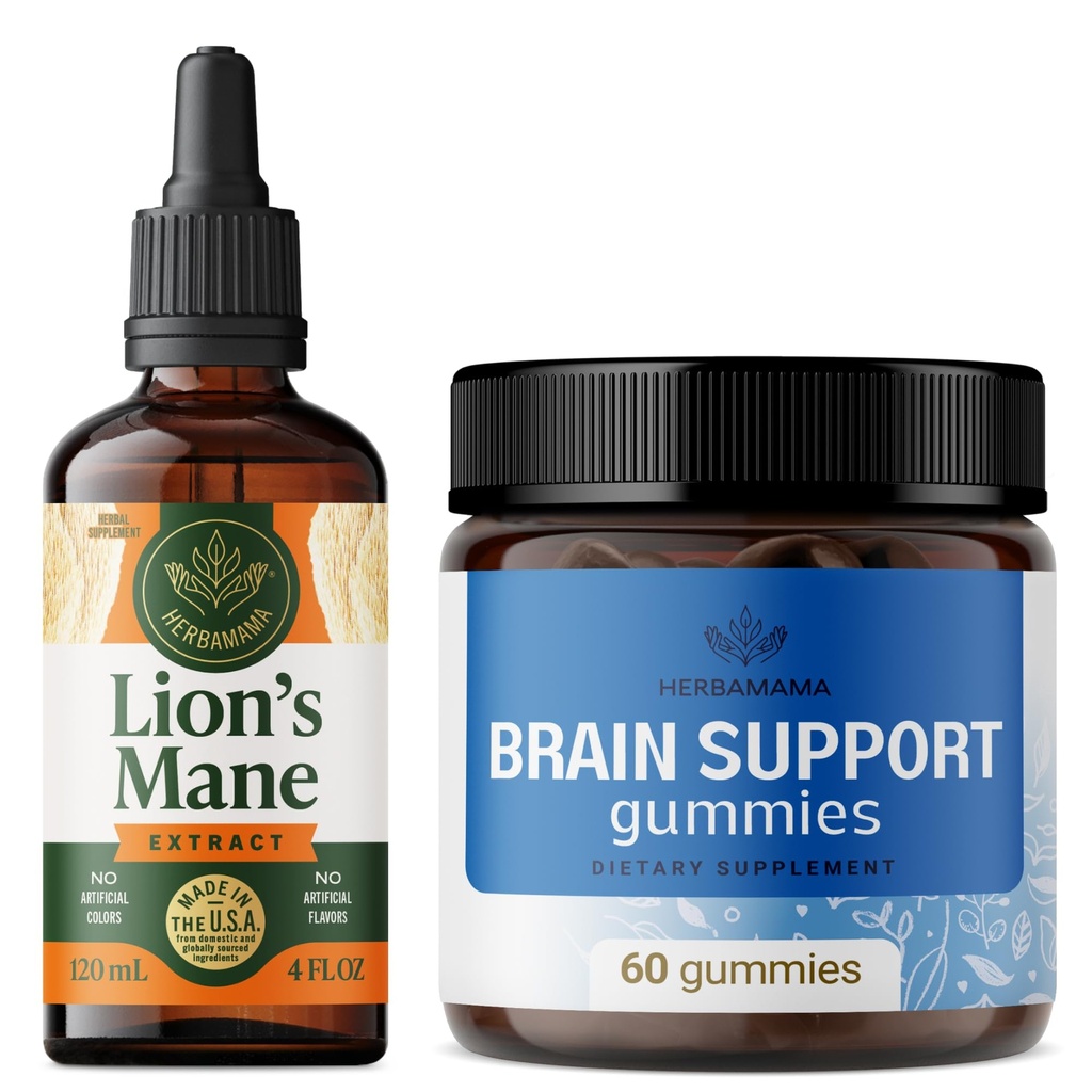 HERBAMAMA Lion's Mane & Brain Support Complex Kit - Bundle of Lion's Mane Extract 4 Fl Oz & Brain Support Complex Gummies - Vegan, Non-GMO, Sugar & Alcohol-Free - 2 Pack
