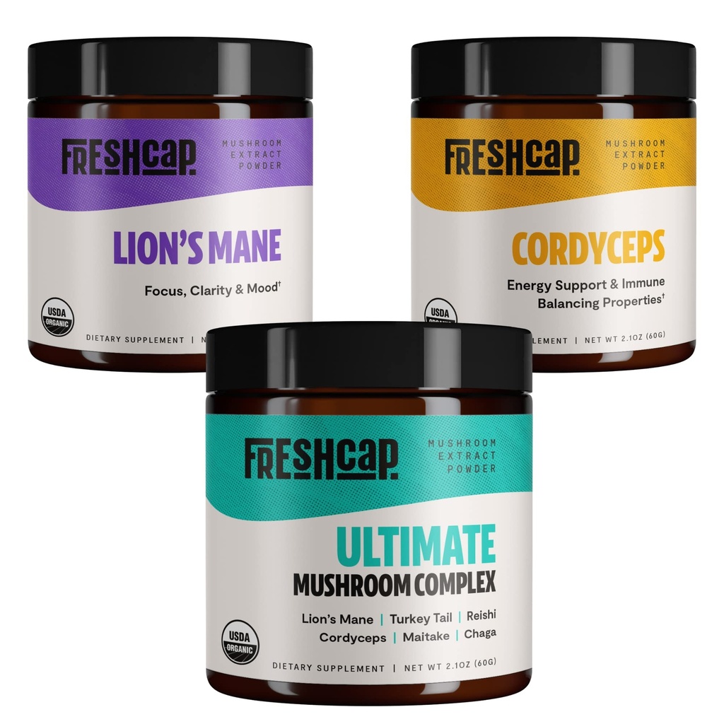 FreshCap Mushrooms Try Mushrooms Starter Kit, Lion's Mane, Cordyceps, Ultimate Blend (60 Gram Powder)
