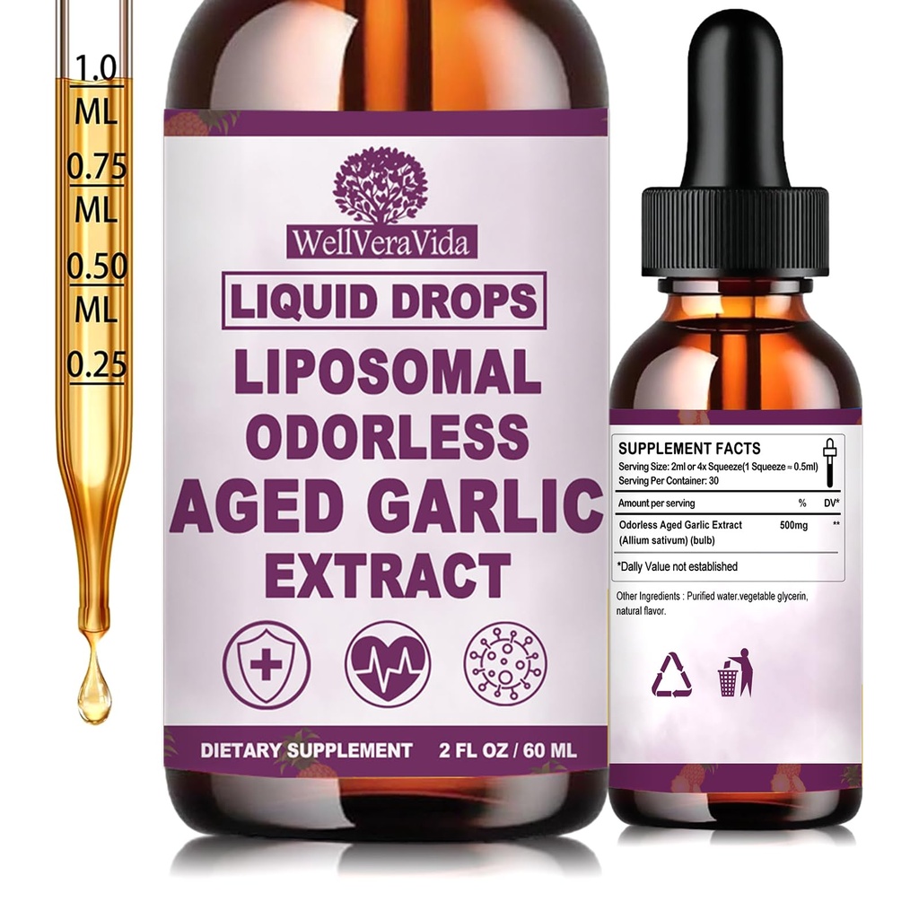 Aged Garlic Extract Liquid Drops, Organic Odorless Garlic Supplements for Immune Circulation & Heart Health Support, 2 Years Aged Garlic 15:1 Herbal Formula丨Vegetarian All-Natural Non-GMO, 2Fl Oz