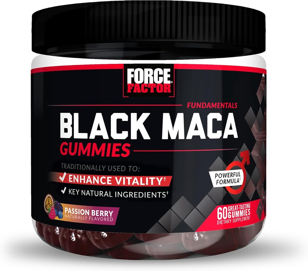 Facteur de force Black Maca Gummies, Black Maca Root pour améliorer la vitalité chez les hommes et les femmes, augmenter l'énergie et la force, avec BioPerine pour l'absorption supérieure, Delicious Passion Berry Flavor, 60 Gummies