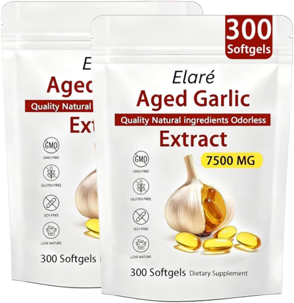 ELARE Aged Garlic Extract Capsules, Odorless Garlic 15:1 Extract Formula - 600 Count, Garlic Supplement, 2-Year Matured - for Heart & Immune Support, Non-GMO, Gluten-Free
