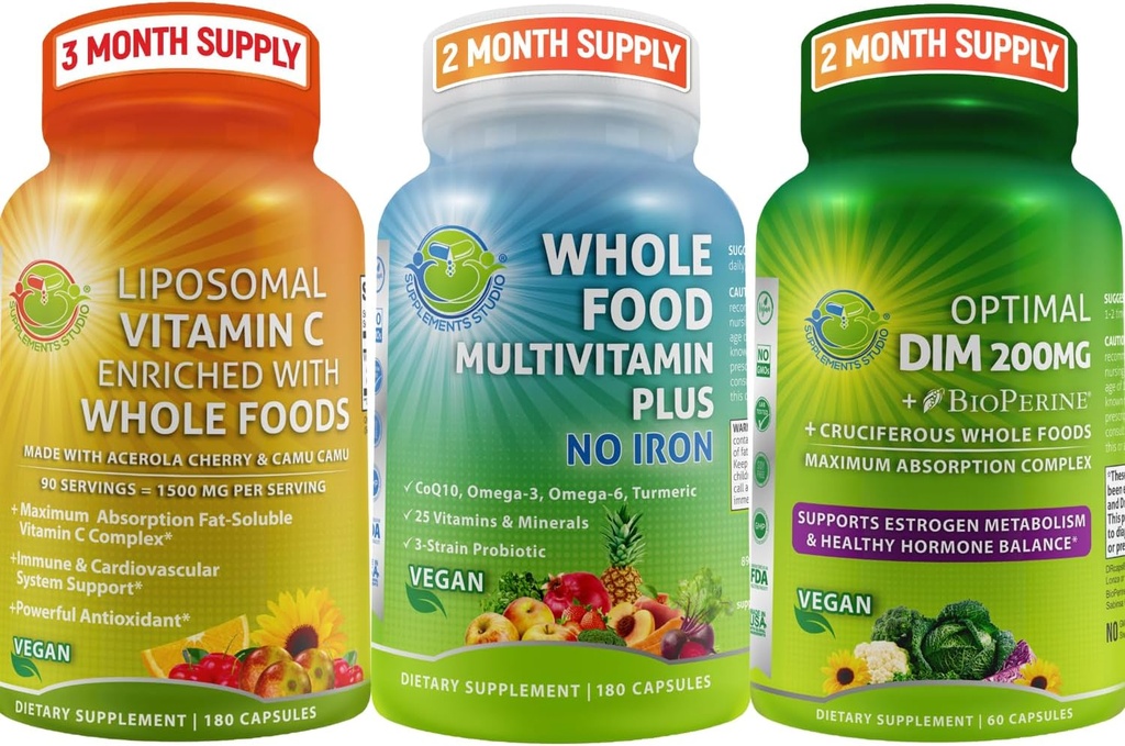 SUPPLÉMENTS STUDIO Immunine végétalienne, énergie et Hormone de soutien pour les hommes et les femmes – Multivitamine d'aliments entiers végétaliens sans fer + vitamine liposomique C 1500mg + DIM optimal 200mg avec BioPerine®