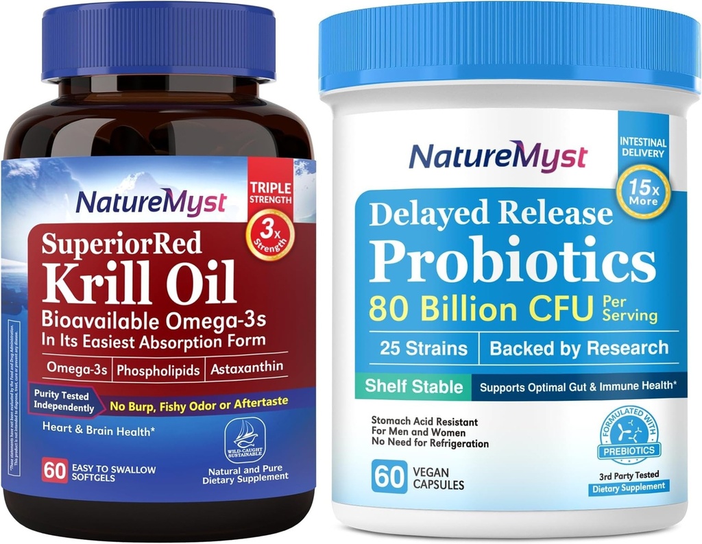 Huile de Krill 1000mg et Probiotiques Bundle, Omega 3s avec DHA EPA & Astaxanthin, Plus 80 Million CFU 25 Strains, Gut, Coeur et Fonction Immune, Non-OGM, Fabriqué aux États-Unis, 60 Softgels + 60 Capsules