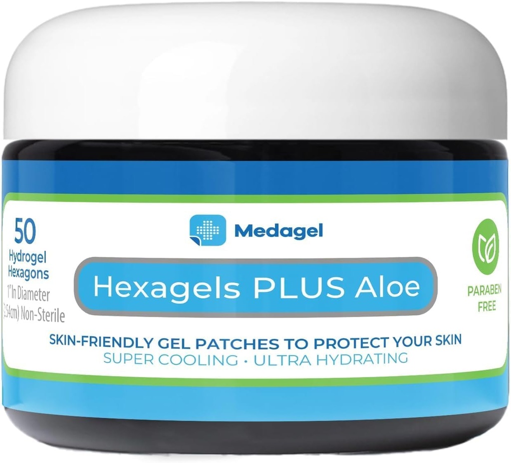 Hexagels Plus Aloe Vera - Plaquettes hydrogel de guérison avancées pour la prévention des brûlures et les soins apaisants - Protection des pieds, des talons, des orteils et des chevilles, pack de 50, 1 pouce, par Medagel, formule sans paraben
