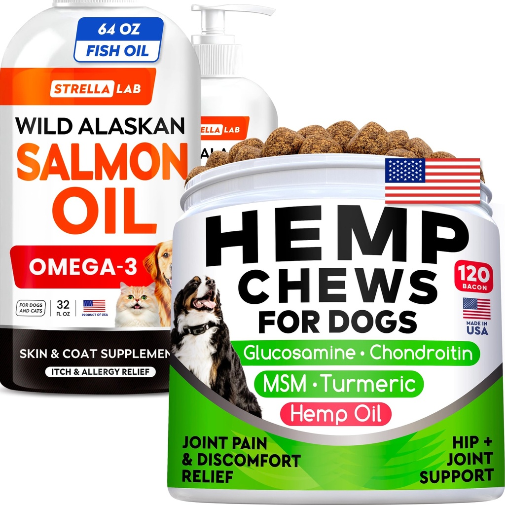 StrellaLab Salmon Oil 64 Oz (2-Pack) + Hemp Chews Bundle – Omega 3 for Skin, Coat & Itch Relief + Glucosamine, Hemp, MSM & Turmeric for Joint Pain & Mobility – EPA & DHA – Wild Alaskan Salmon Oil