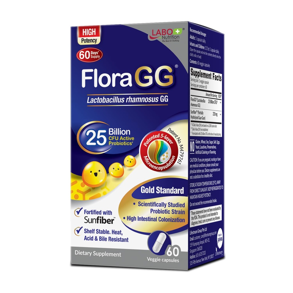 LABO Nutrition FloraGG Lactobacillus Rhamnosus LGG 25 Million CFU Daily (LGG Probiotic with Sunfiber) 5-Layer Microencapsulated L. Rhamnosus Supplement (digestion et soutien immunitaire) 60 Capsules