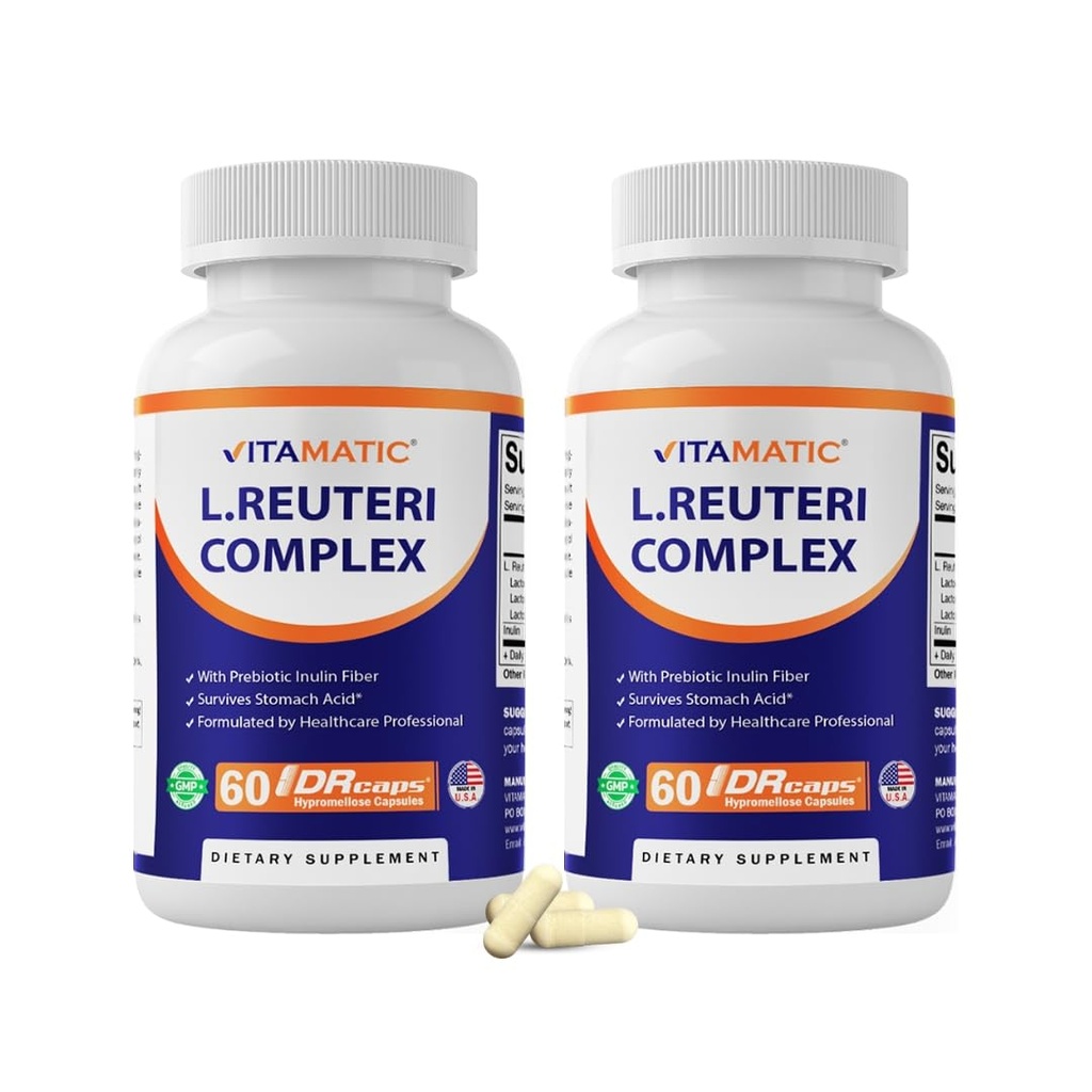 Vitamatic Lactobacillus Reuteri Complex – 22 Billion CFU per Delayed Release Capsule – 60 Capsules – Digestive & Gut Health Support – with Prebiotic Inulin Fiber - 2 Pack