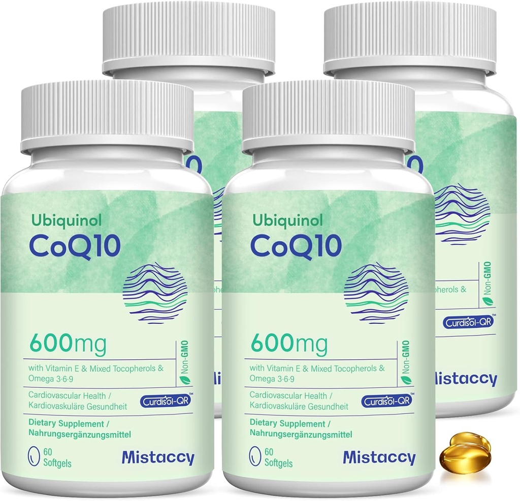 CoQ10 600mg Softgels à haute absorption CoQ10 Ubiquinol Supplement Reduced Form Enhanced with Vitamine E & Omega 3 6 9.