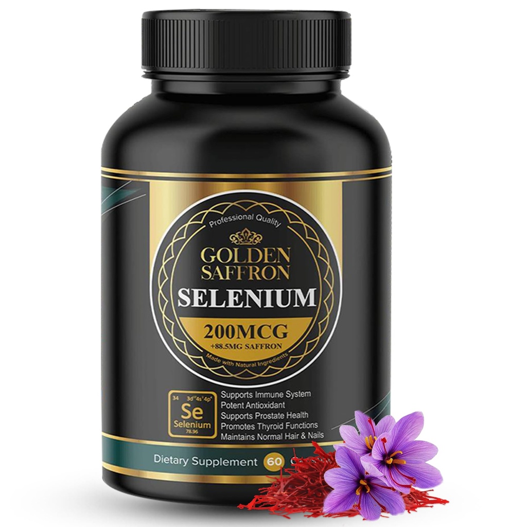Sélénium de Saffron d'Or (200 mcg Sélénium et 88,5 mg Extrait de Saffron) - pour soutenir la santé globale, non-OGM, sans gluten, sans lait, avec une formule unique et avancée – Fabriqué aux États-Unis et sans goût.