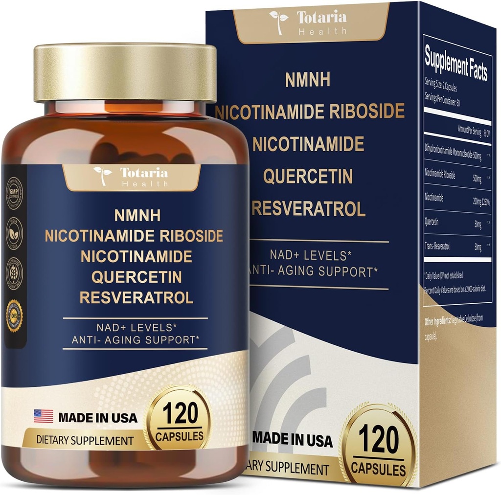 Totaria NMNH (Dihydronicotinamide Mononucléotide), Supplément NMNH avec/Niacinamide (Vitamine B3), Quercetin, Trans-Resveratrol, Soutien NAD+, Santé des cellules cutanées*, Anti-Ageing & Energy, 120 capsules