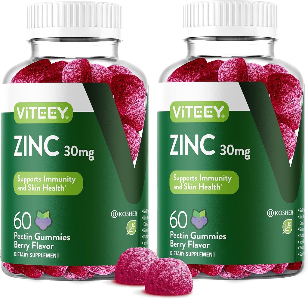 Viteey Zinc Gummies pour les hommes et les femmes - Suppléments de zinc 30mg - Immune Boost & Skin Health - Vegan, sans gluten - 120 Compte