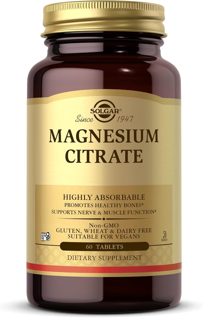 Citrate de magnésium de Solgar - 60 comprimés - favorise la santé des os, soutient la fonction nerveuse et musculaire - très absorbant - non-OGM, végétalien, sans gluten, casher - 30 portions