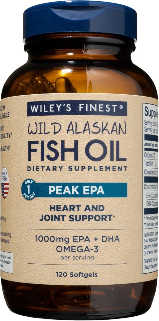 Wiley's Finest Wild Alaskan Fish Oil Peak EPA - Supplément Triple Strength Peak EPA & DHA - Huile de poisson de 1000mg - Oméga-3 pour le soutien sanitaire conjoint - 120 Softgels (120 portions)