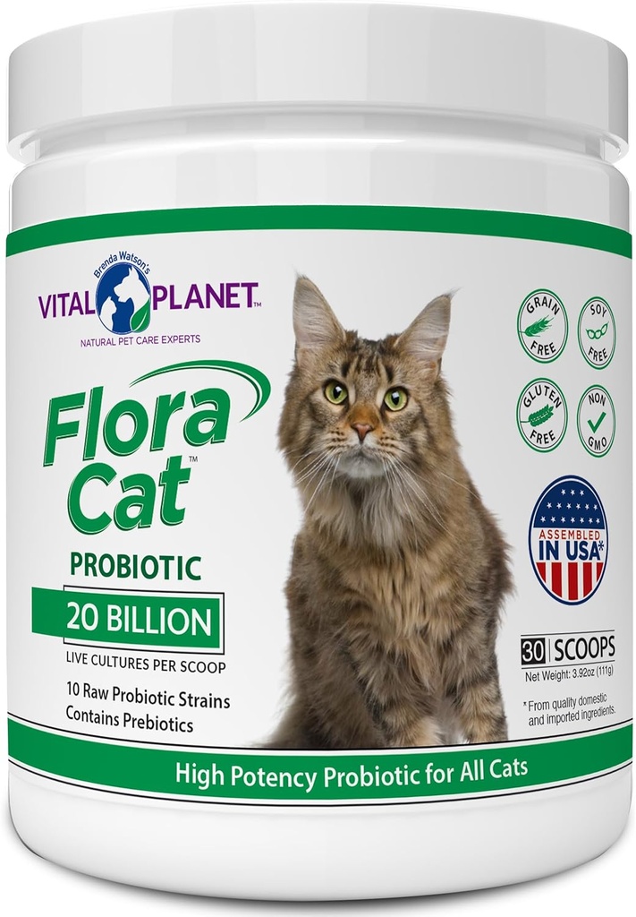 Vital Planet - Flora Cat Probiotic Powder Supplement avec 20 cultures de milliards et 10 souches différentes probiotiques de haute puissance pour tous les chats pour Feline Digestive et Immmune Support 30 Scoops 3,92 oz