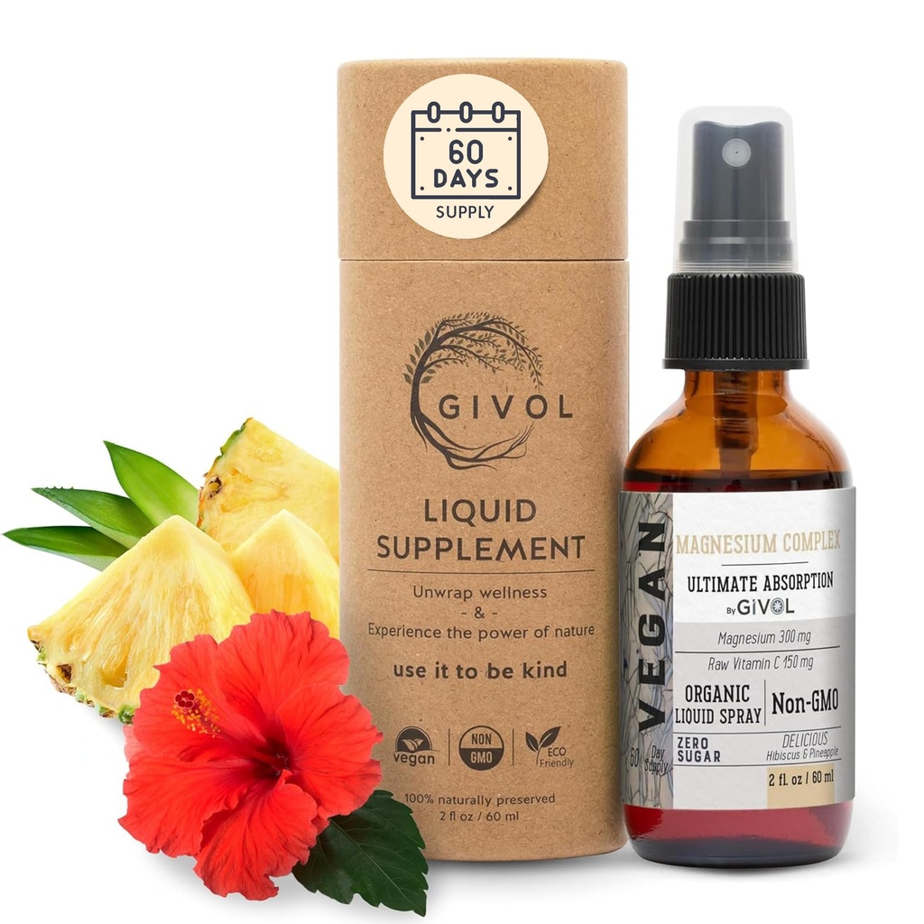 Complexe Tri Magnésium - Magnésium Biglycinate, Citrate & Taurate Spray liquide 300mg avec/Vitamine C pour promouvoir la sérénité, la décompression corporelle - Hibiscus & Ananas Saveur 60ml (2oz)