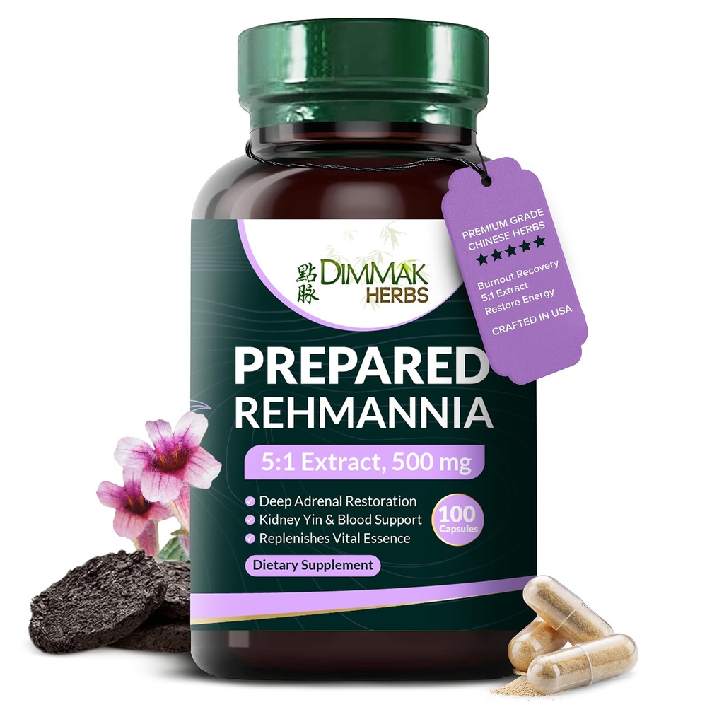Dimmak Herbes Préparées Capsules Racines de Rehmannia (Shu Di Huang)- Extrait organique 5:1- Haute puissance Adrénal et Rein Tonic de Yin- Supporte la ménopause, le sommeil et la vitalité- Non-OGM végétalien, 500mg