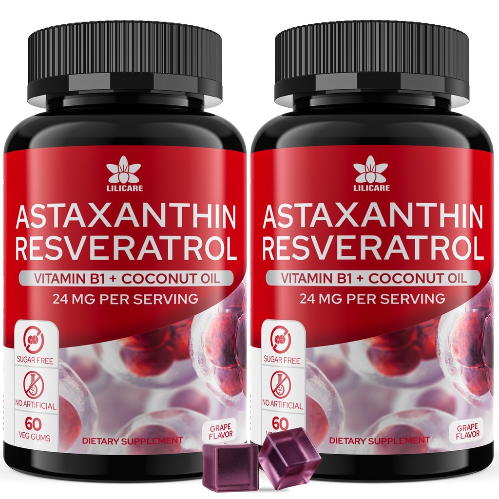 Astaxanthin suppléments 24mg Gommies avec resvératrol, vitamine B1, huile de coco - Algae Organic Antioxydants pour les hommes et les femmes Vieillissement en santé, peau, yeux, immune - végétalien, sans sucre, non-OGM, 120 portions