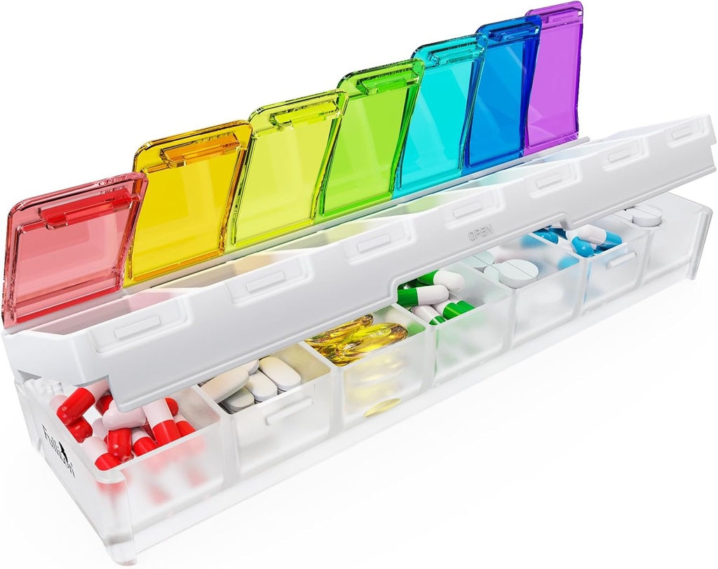 Fullicon Weekly Pill Organizer 7 Day Quick Fill & Spill Proof Designed Large Pill Box with Free Labels Travel Medicine Organizer for Medicine, Vitamin, Fish Oil, Supplement (Rainbow Clear)