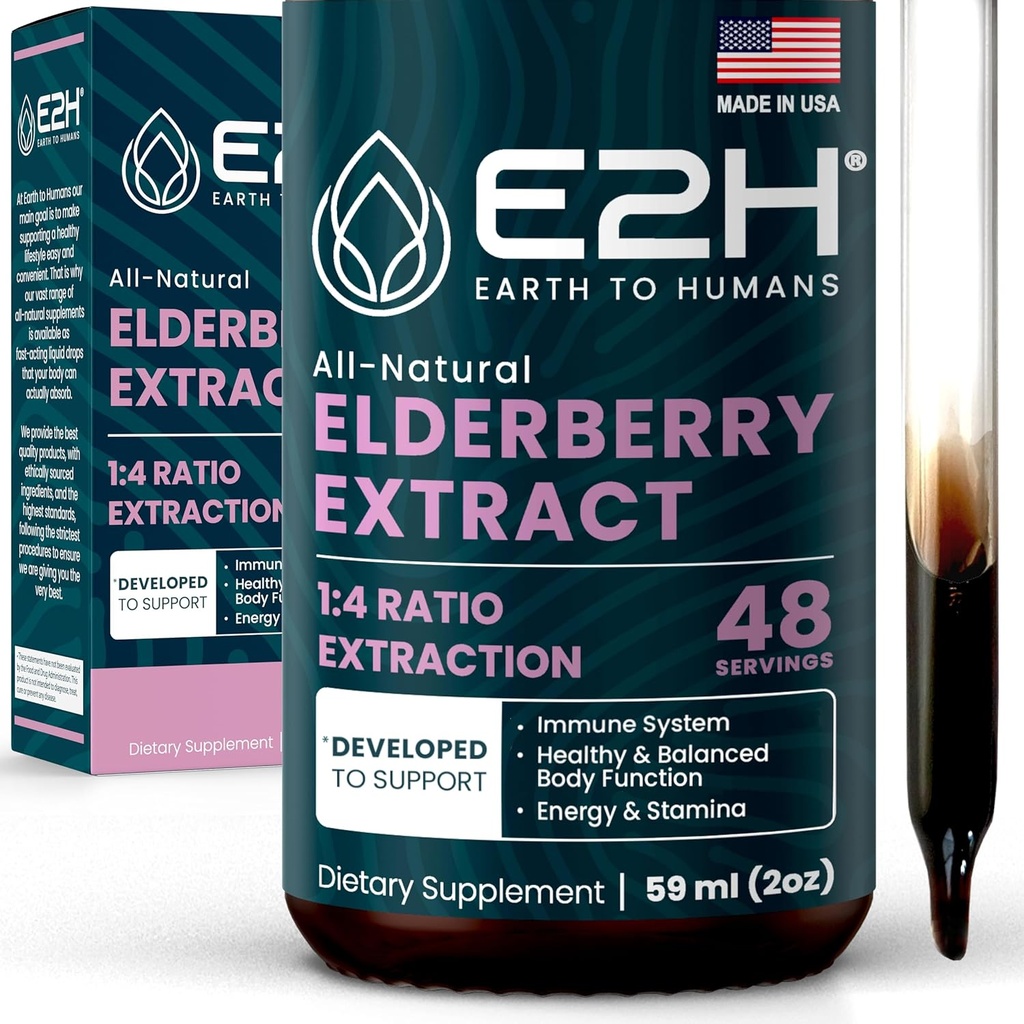 Syrup E2H Elderberry - Supplément d'antioxydants puissant de l'extrait de mûres anciennes biologiques - Syrup Sambucus Elderberry pour les enfants et les adultes pour le soutien immunitaire - Non-OGM, Vegan - 2 Fl Oz