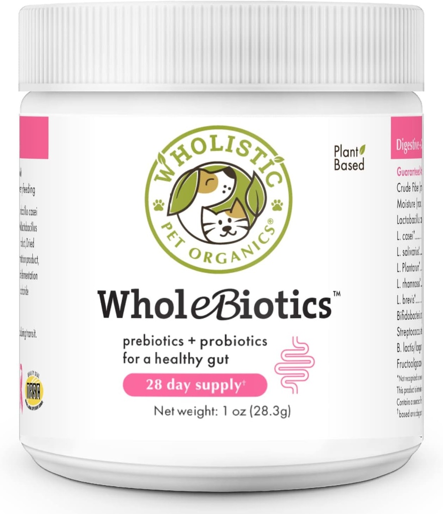 Biotiques entières pour animaux de compagnie - Probiotiques quotidiens pour la santé digestive et l'amélioration immunitaire - 9 souches - Prébiotiques et probiotiques pour chiens et chats - Santé pour chiens - 1 Oz - 28 scoops