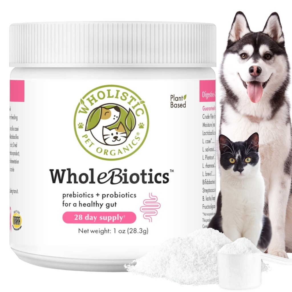 Biotiques entières pour animaux de compagnie - Probiotiques quotidiens pour la santé digestive et l'amélioration immunitaire - 9 souches - Prébiotiques et probiotiques pour chiens et chats - Santé pour chiens - 1 Oz - 28 scoops