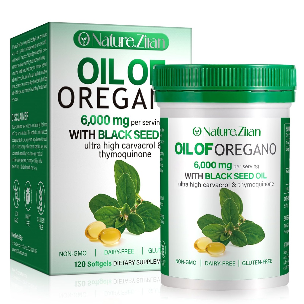 Huile d'Oregano Softgel - Huile organique d'Oregano avec des graines noires - 2 sur 1, 120 Compte