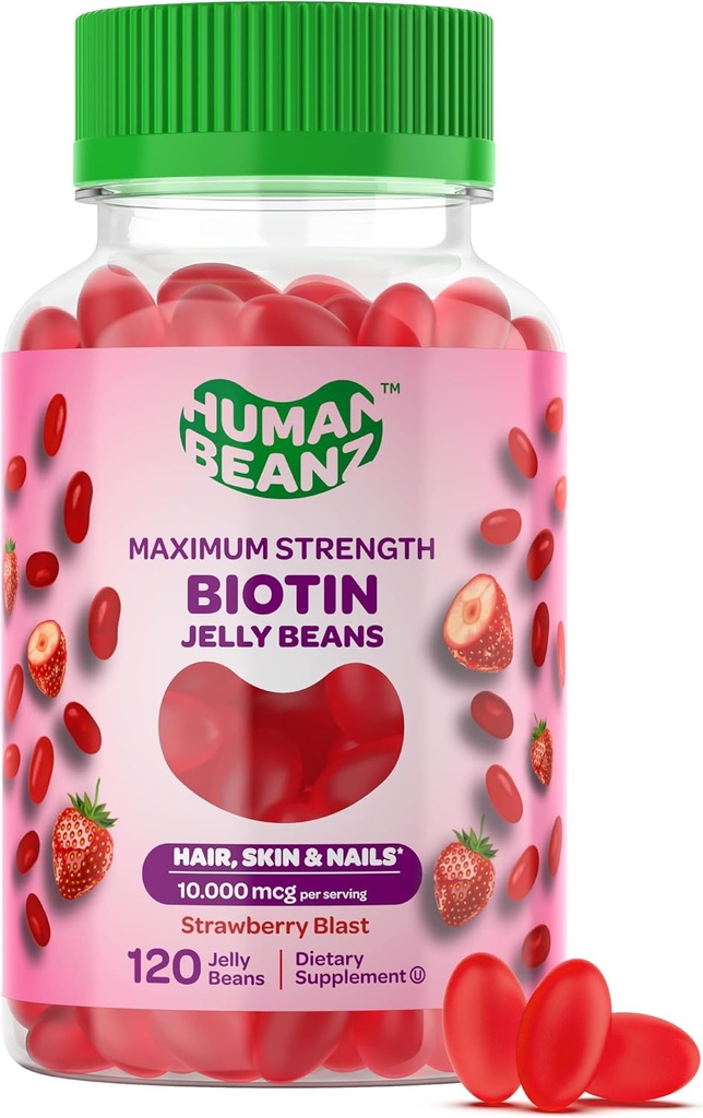 Biotine Jelly Bean Gummy Vitamines, Max Strength Biotin pour les cheveux, la peau et les ongles, 10 000mcg par service, Vitamines de croissance des cheveux pour les hommes et les femmes, 120 Strawberry Blast Jelly Beans, Kosher