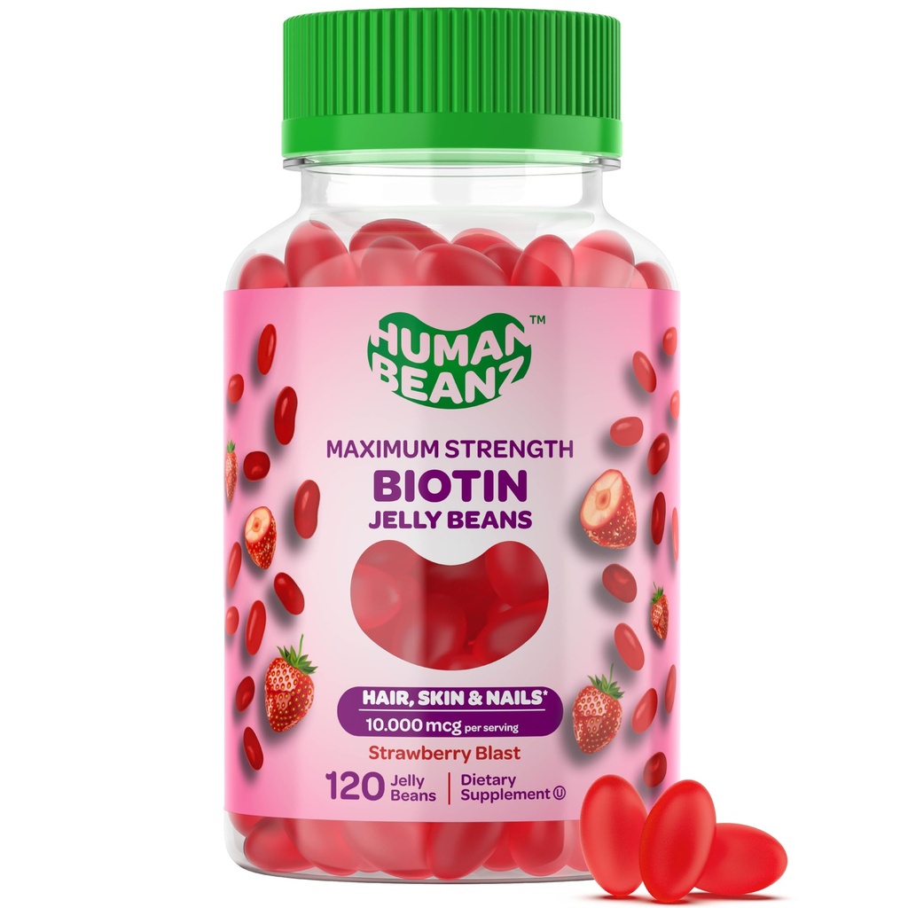 Biotine de Beanz Humain Jelly Bean Gummy Vitamines, Max Strength Biotin pour les cheveux, la peau et les ongles, 10 000mcg par service, Vitamines de croissance des cheveux pour les hommes et les femmes, 120 fraises Blast Jelly Beans, Kosher
