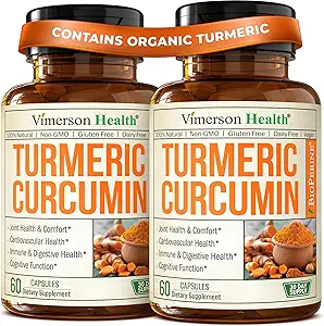 Supplément curcumin curcumin curcumin avec extrait de poivre noir - Turcuma biologique haute puissance 1200mg et 95% Curcuminoides pour la santé articulaire et digestive - Supplément de soutien interarmées - 60 Capsules Curcuma - 2 Pack