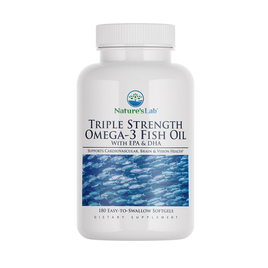 Nature's Lab Triple Strength Omega-3 Fish Oil with EPA & DHA - Supports Healthy Brain Function, Cognitive Health & Circulation - 180 Softgels (3 Month Supply)