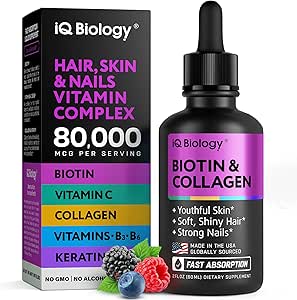 Biotine liquide pour la croissance des cheveux, de la peau et des ongles - 80.000 mcg Vitamines capillaires gouttes - Biotine extra force 5000mcg, collagène, kératine avec acide hyaluronique - Supplément multivitamine pour les femmes et les hommes - 2 fl oz