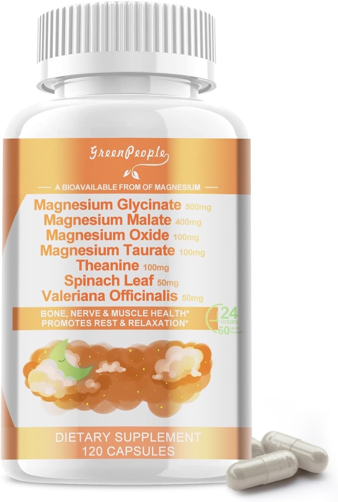Glycinat de magnésium 500 mg par portion, avec du malate, du taurate et de l'oxyde, supplément de magnésium pour le muscle, les os, le sommeil et le soutien de la digestion, 120 capsules végétaliennes, non-OGM