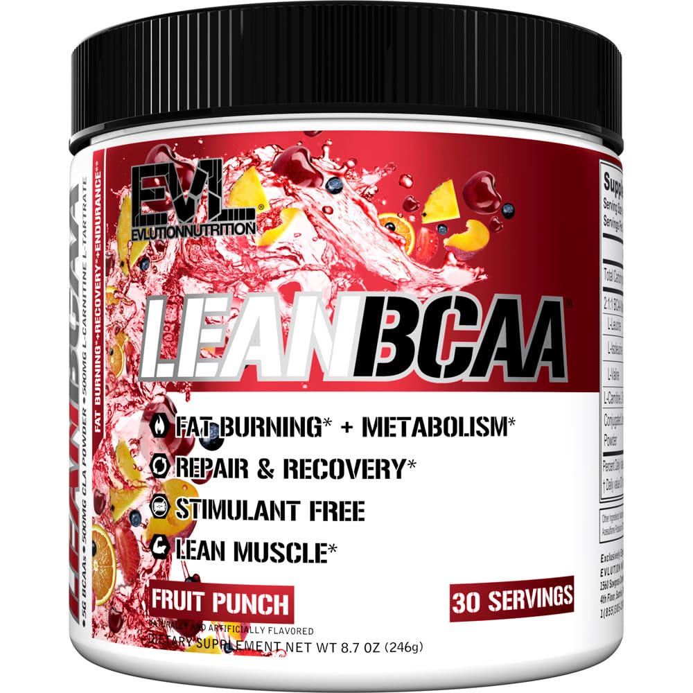 Stimulant Sans Lean BCAA Poudre - Évlution Nutrition BCAAs Amino Acides Poudre avec CLA Carnitine et 2:1:1 Acides aminés à chaîne ramifiée soutient la récupération musculaire Fat Burn and Metabolism - Fruit Punch