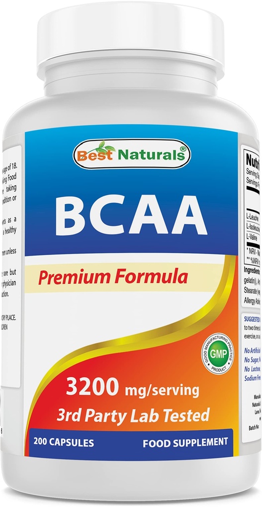 Best Naturals BCAA Branch Chain Amino Acid, 3200mg par portion, 200 Capsules - Qualité pharmaceutique - 100% Pure Formule Instantisée.