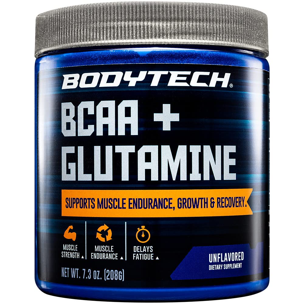 BodyTech BCAA + Poudre de glutamine avec vitamine C, L Glutamine et plus encore, Acides aminés essentiels avant l'entraînement ou après l'entraînement pour les hommes et les femmes, non aromatisés, 7,3 Oz, 30 portions