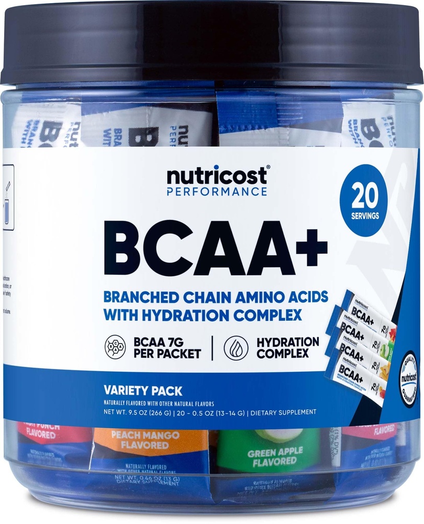 Nutricost BCAA+ Pack de variétés d'hydratation (20 Stickpacks) - Acides aminés à chaîne ramifiée avec complexe d'hydratation - Sans gluten, sans OGM