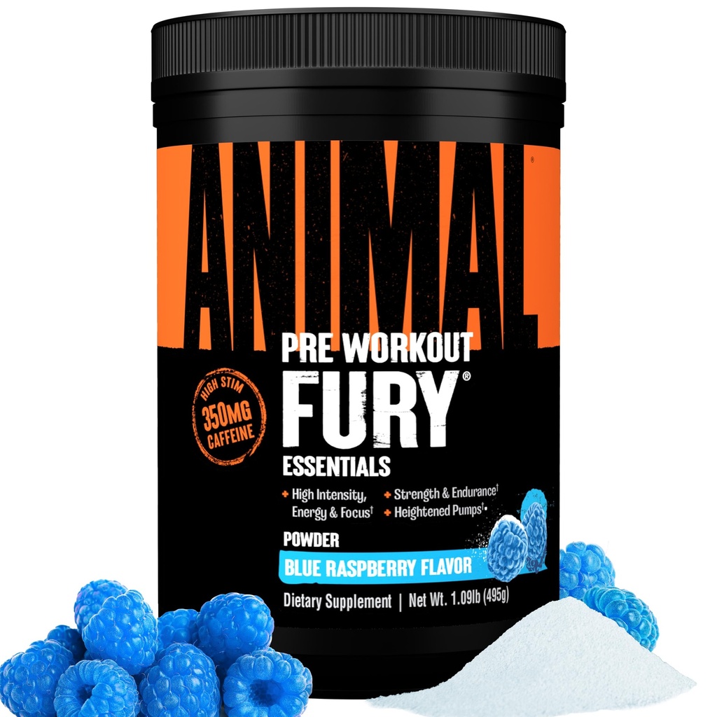 Fury animal - Supplément de poudre pré-entraînement pour l'énergie et le focus - 5g BCAA, 350mg Oxyde nitrique de caféine sans créatine - Stimulant puissant pour les culturistes - Blue Raspberry