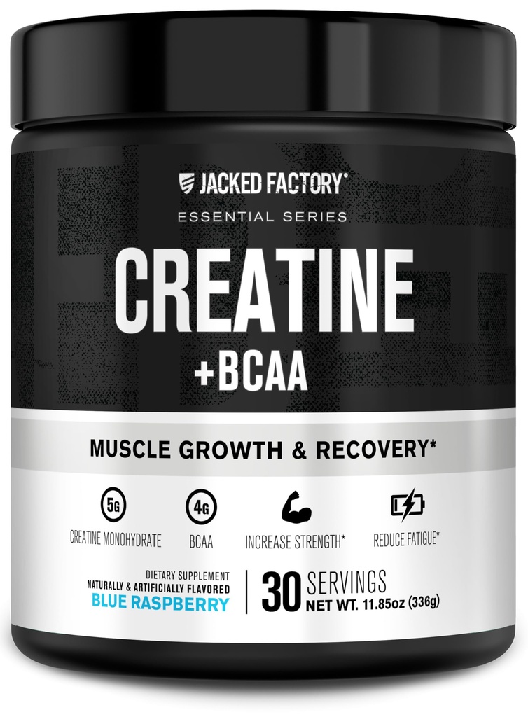 Jacked Factory Creatine + BCAAs - Creatine Monohydrate + BCAA Powder for Increased Post-Workout Recovery, Performance, Lean Muscle Growth, & Reduced Fatigue - 30 Servings, Blue Raspberry