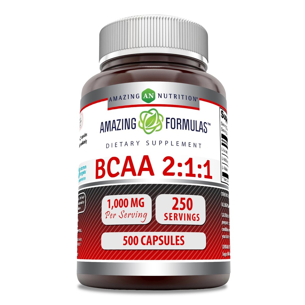 Formules étonnantes BCAA 2:1:1 1000 Mg par portion , Capsules , Supplément Acides aminés à chaîne ramifiée , Non-GMO , Sans gluten , Fabriqué aux États-Unis (1 Pack, 500 Nombre)