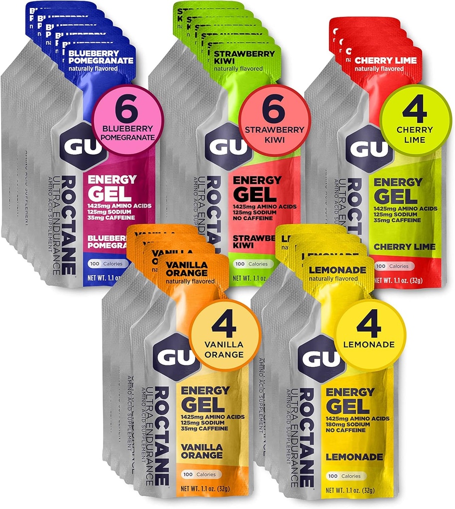 GU Energy Roctane Ultra Endurance Energy Gel, Vegan, Gluten-Free, Kosher, and Dairy-Free On-The-Go Sports Nutrition for Running, Biking, Hiking or Skiing, Assorted Flavors,24-Count