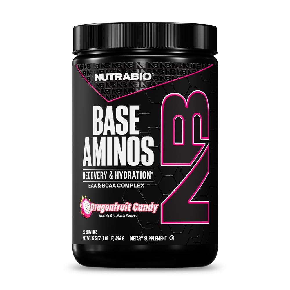 NutraBio Base Aminos EAA + BCAA Poudre – Supplément d'acides aminés essentiels 10g, 6g 2:1:1 BCAAs, 2,8g Matrice d'hydratation avec électrolytes et Enhancer d'absorption AstraGin® – 30 portions- Candy de fruits dragon