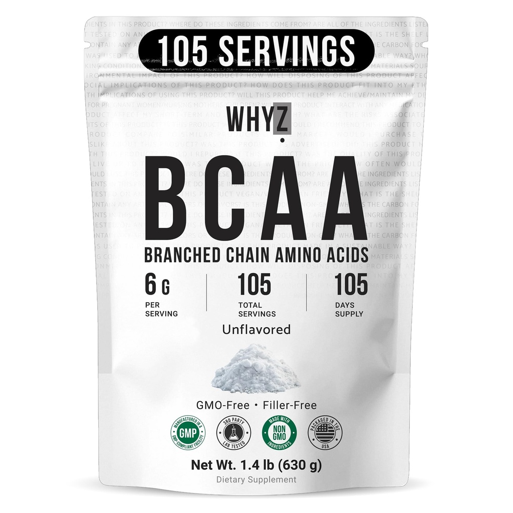 BCAA Poudre 2:1:1, Acides aminés à chaîne ramifiée non aromatisés pour hommes et femmes Pure BCAA Poudre d'énergie pour mélanger dans des boissons et des shakes Non-OGM Sans additifs, 105 portions, 1,4 lb (630g)