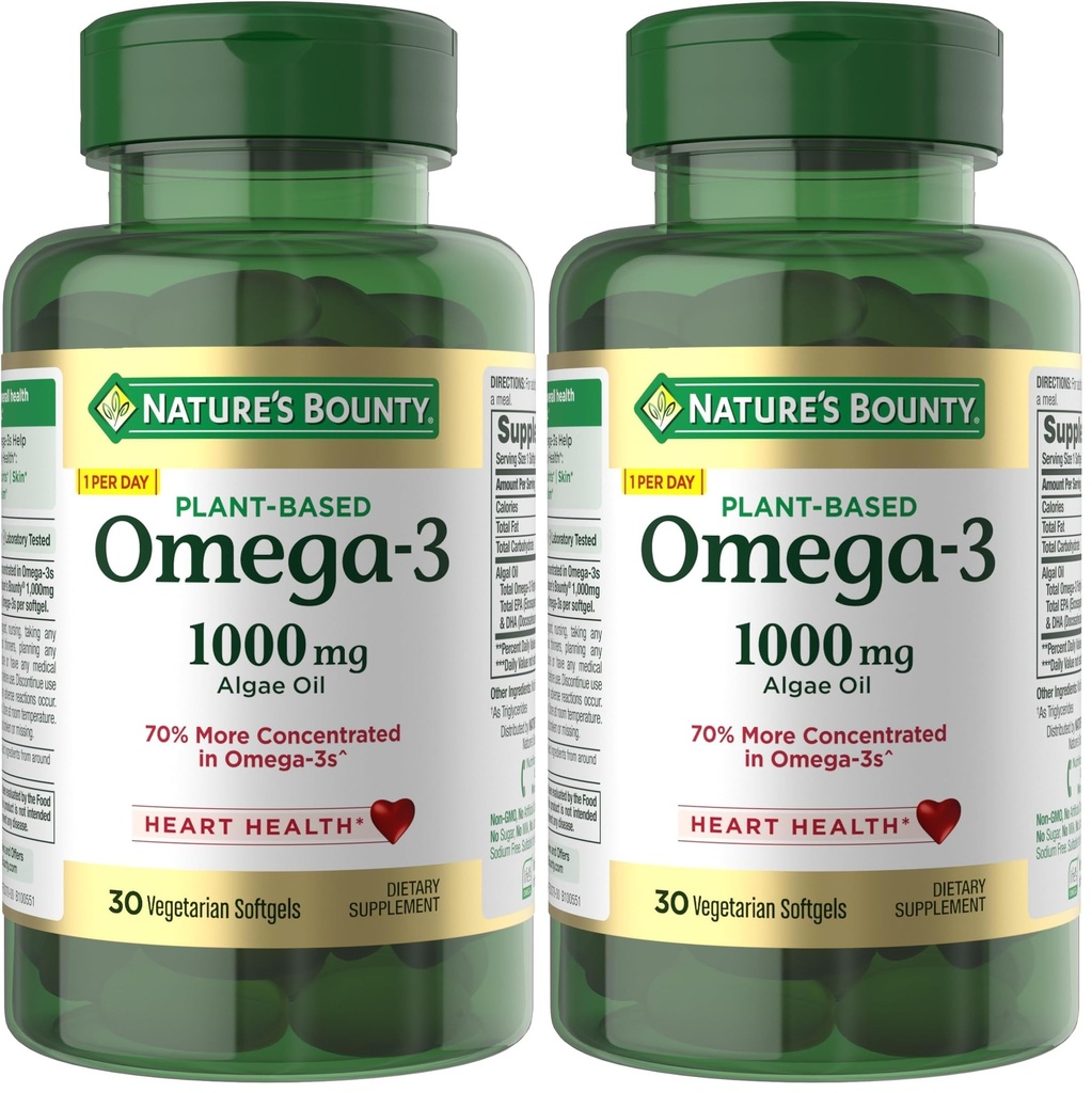 Nature's Bounty Omega 3, supplément d'acide gras Omega 3, 520mg, soutient la santé du corps entier incluant le cœur, la peau, les articulations, 30 softgels végétariens, huile de poisson alternative (paquet de 2)